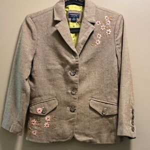 American Eagle Outfitters Brown/Beige Herringbone Blazer with Floral Embroidery